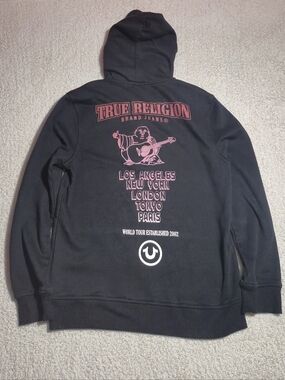 True Religion Black Hoodie with Pink Buddha Graphic Size Small